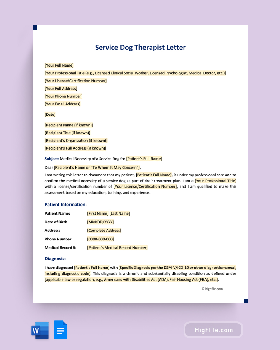 Service Dog Therapist Letter - Word, Google Docs