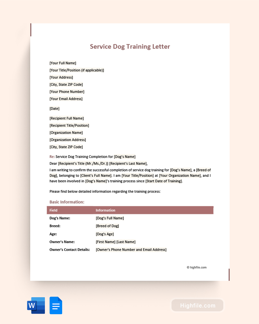 Service Dog Training Letter - Word, Google Docs