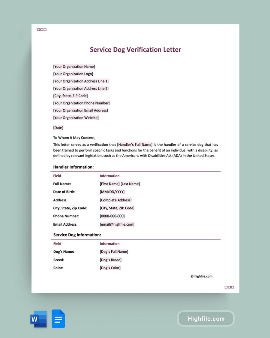 Service Dog Verification Letter - Word, Google Docs