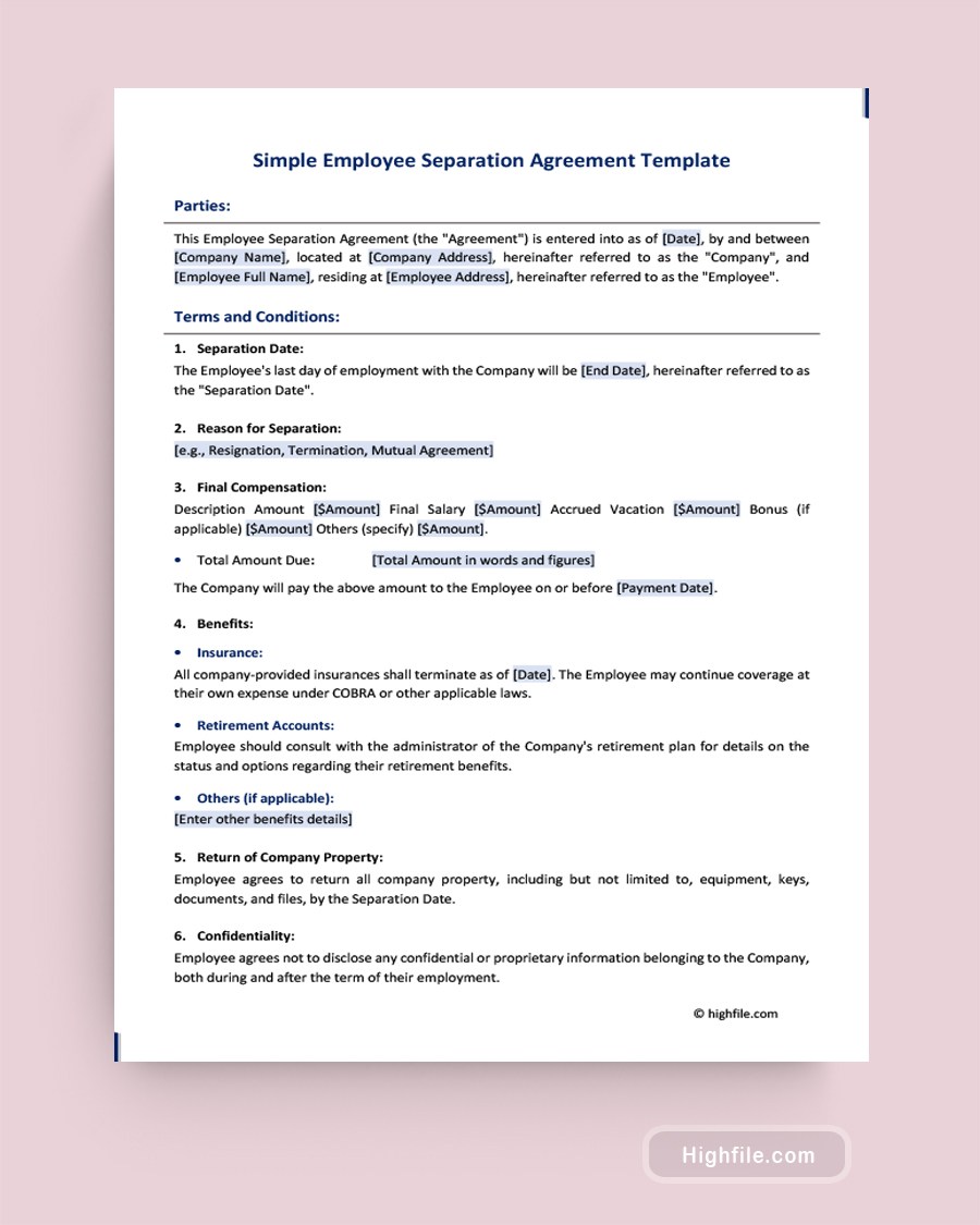 Simple Employee Separation Agreement Template - Word, Google Docs