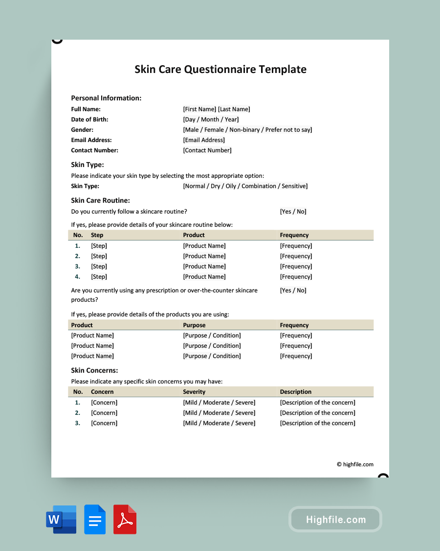 Skin Care Questionnaire Template - Word, PDF, Google Docs