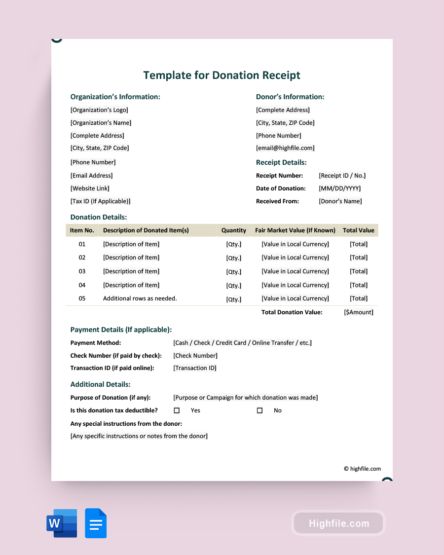 Template for Donation Receipt - Word, Google Docs