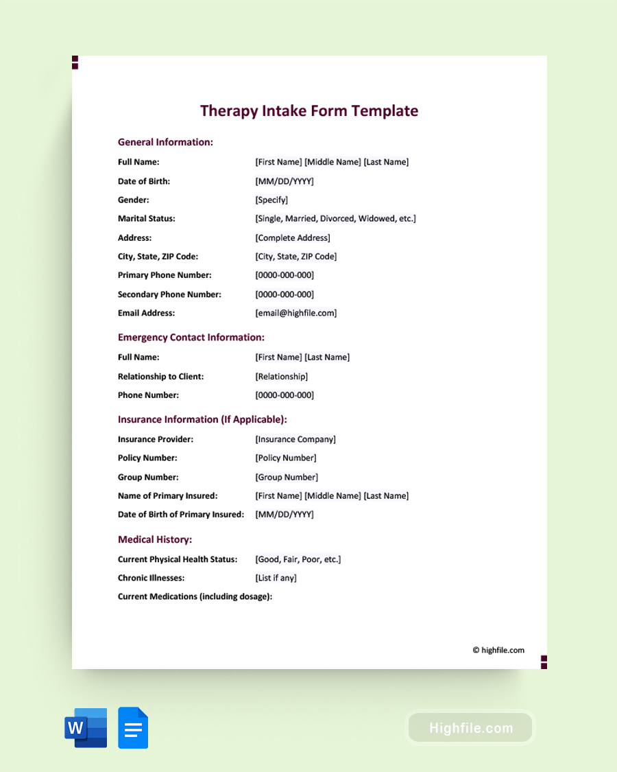 Therapy Intake Form Template - Word, Google Docs