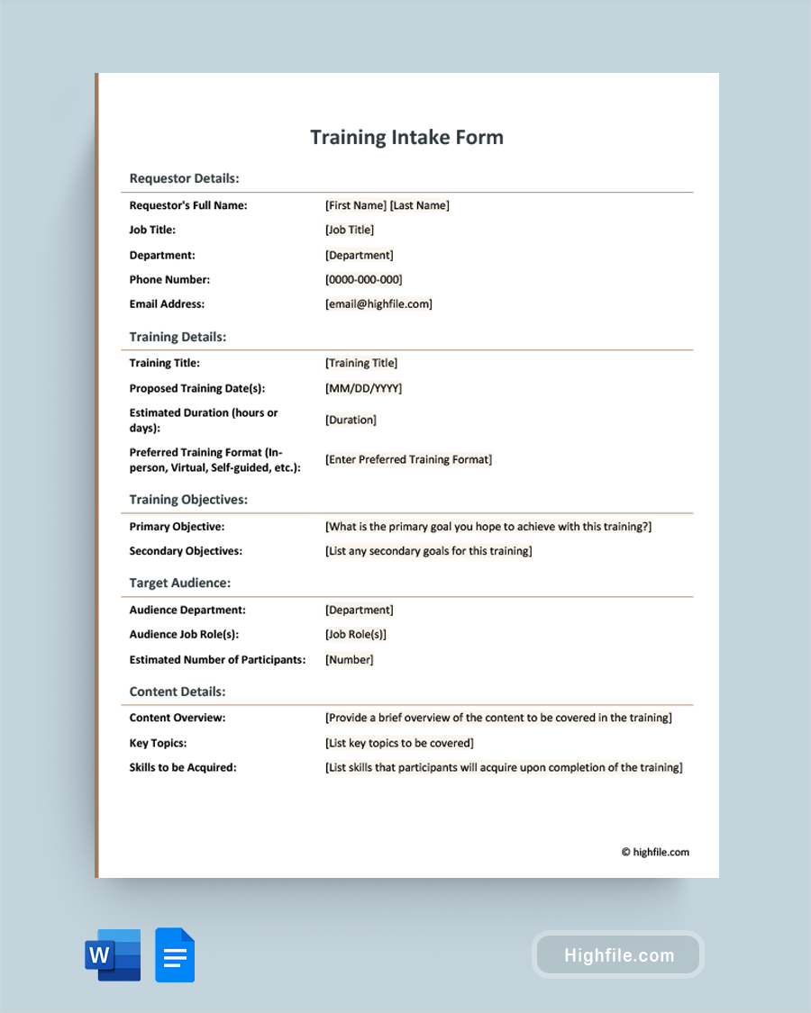 Training Intake Form - Word, Google Docs