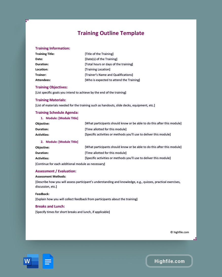 Training Outline Template - Word, Google Docs