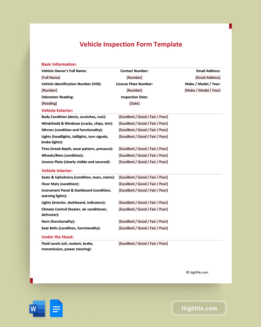 Vehicle Inspection Form Template - Word, Google Docs