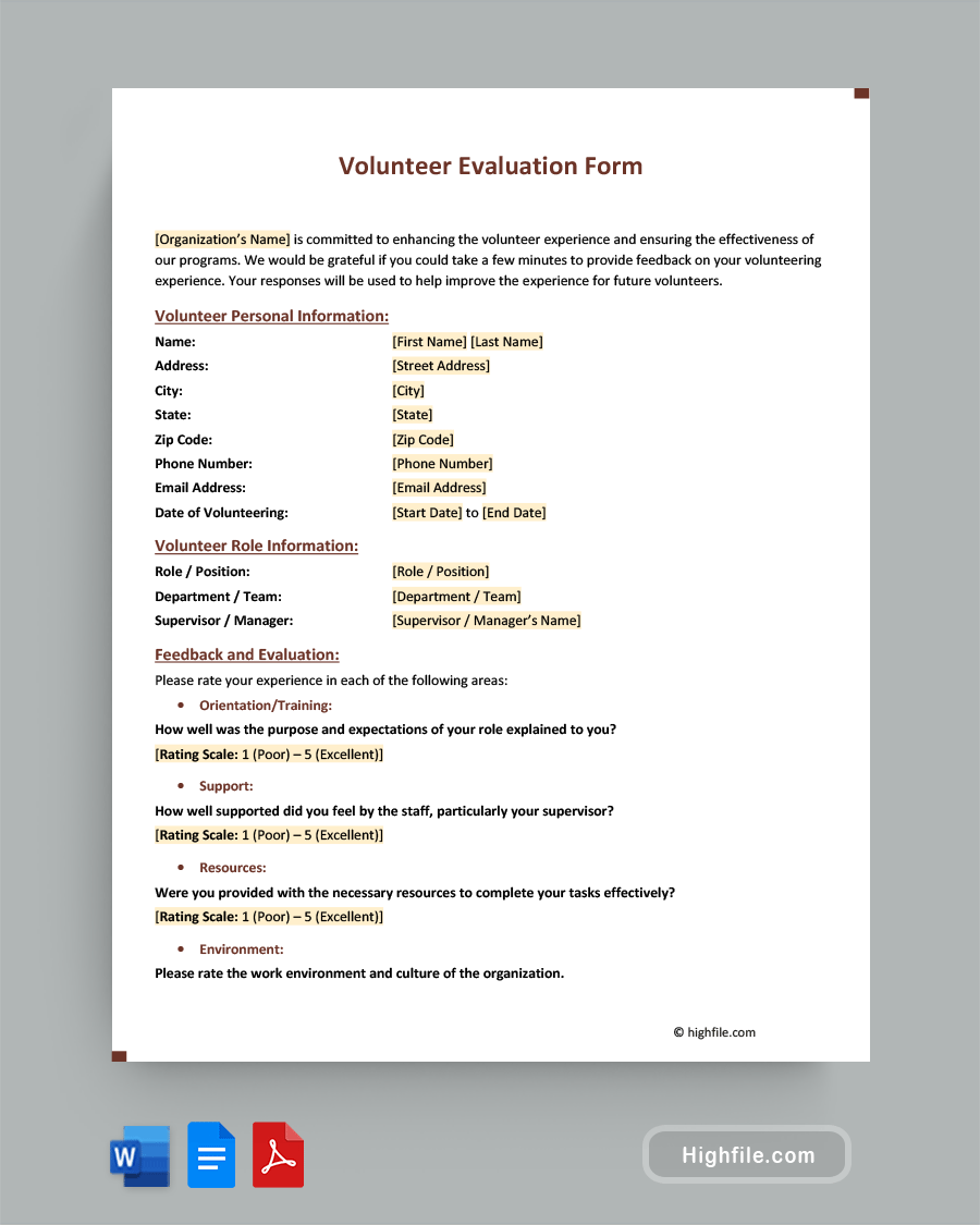 Volunteer Evaluation Form - Word, PDF, Google Docs