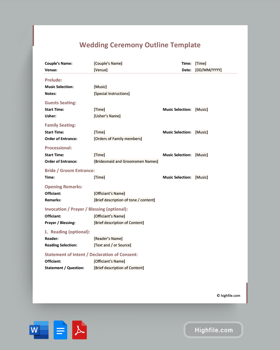 Wedding Ceremony Outline Template - Word, PDF, Google Docs