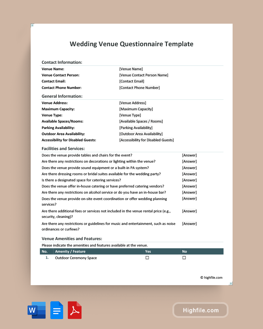 Wedding Venue Questionnaire Template - Word, PDF, Google Docs