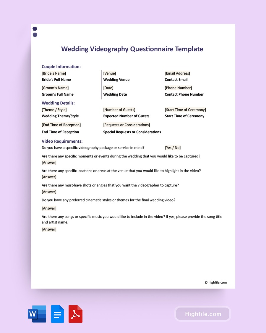 Wedding Videography Questionnaire Template - Word, PDF, Google Docs