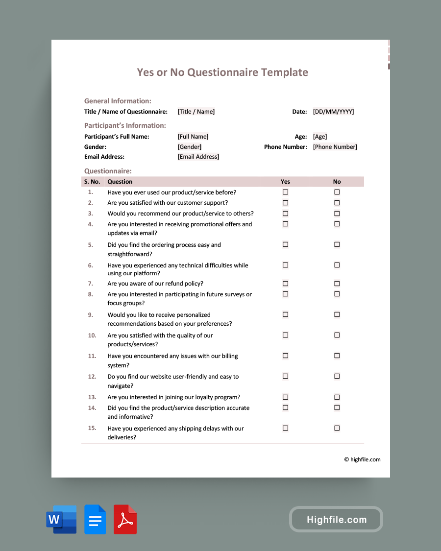 Yes or No Questionnaire Template - Word, PDF, Google Docs