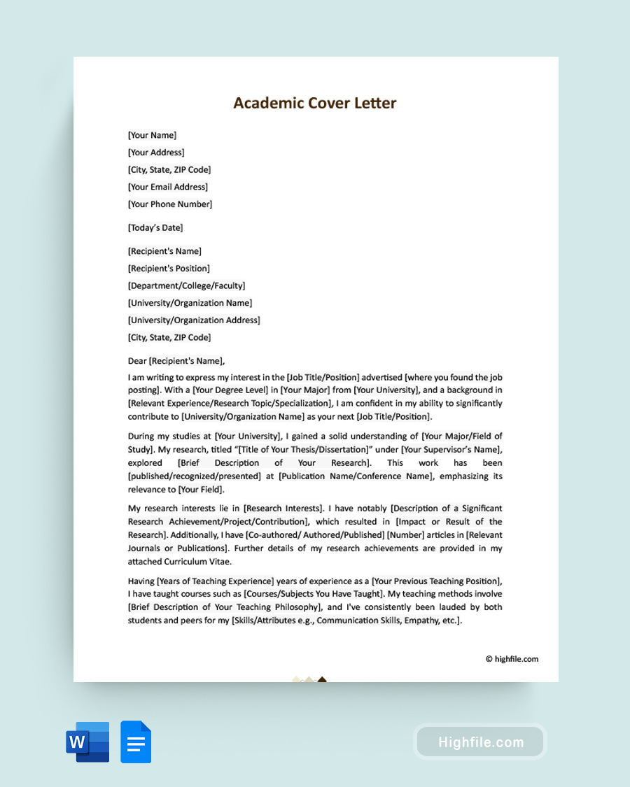 Academic Cover Letter - Word, Google Docs