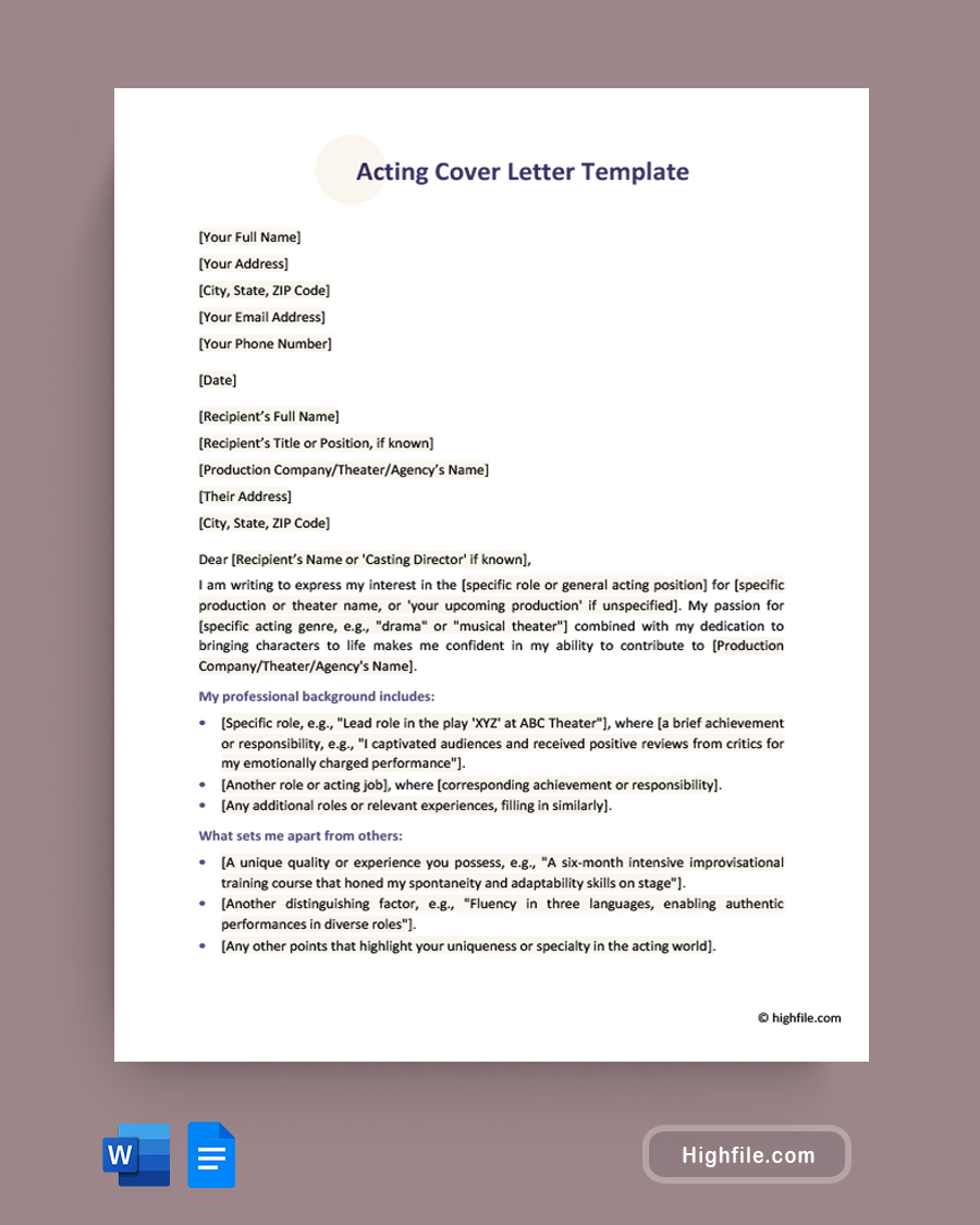 Acting Cover Letter Template - Word, Google Docs