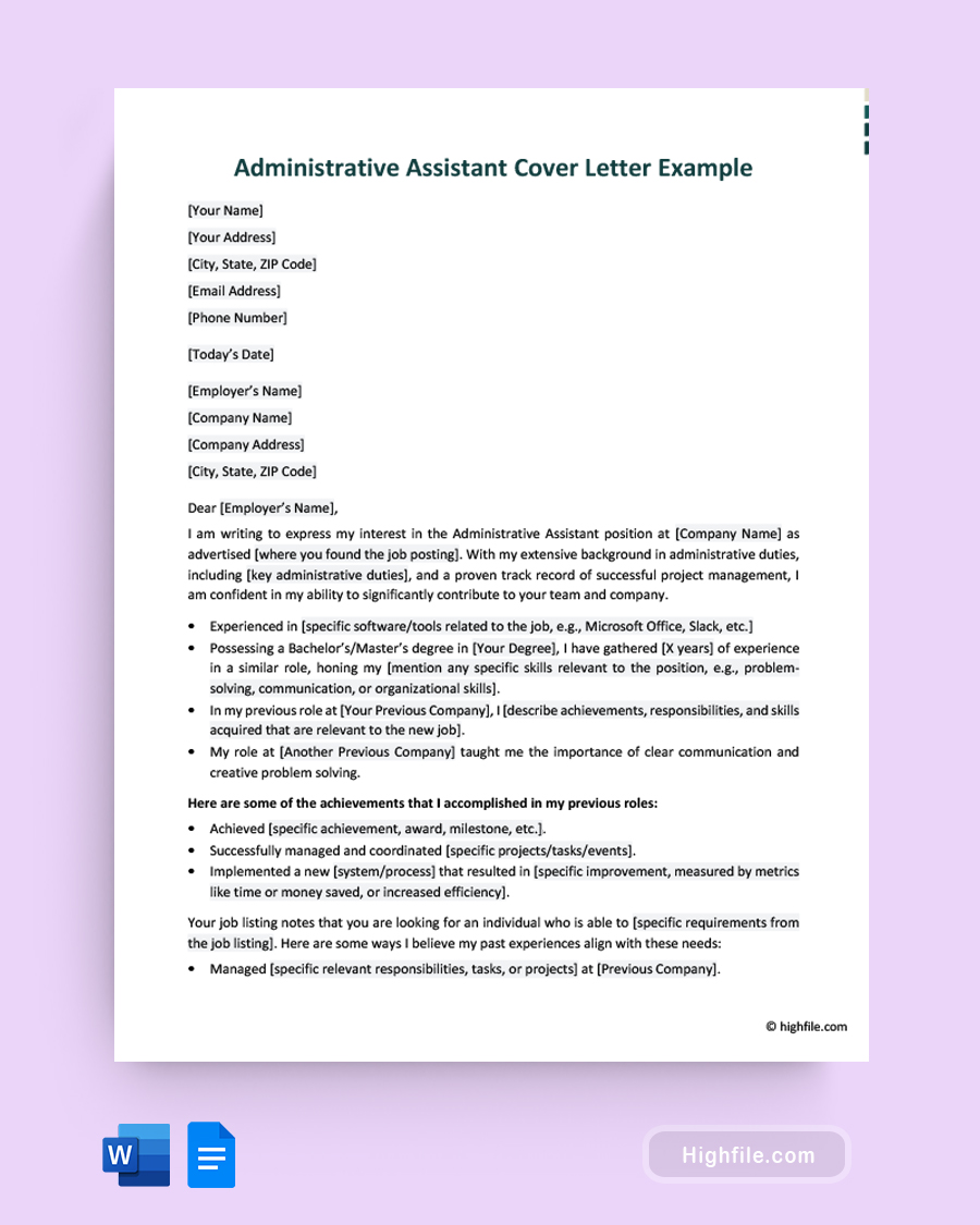 Administrative Assistant Cover Letter Example - Word, Google Docs