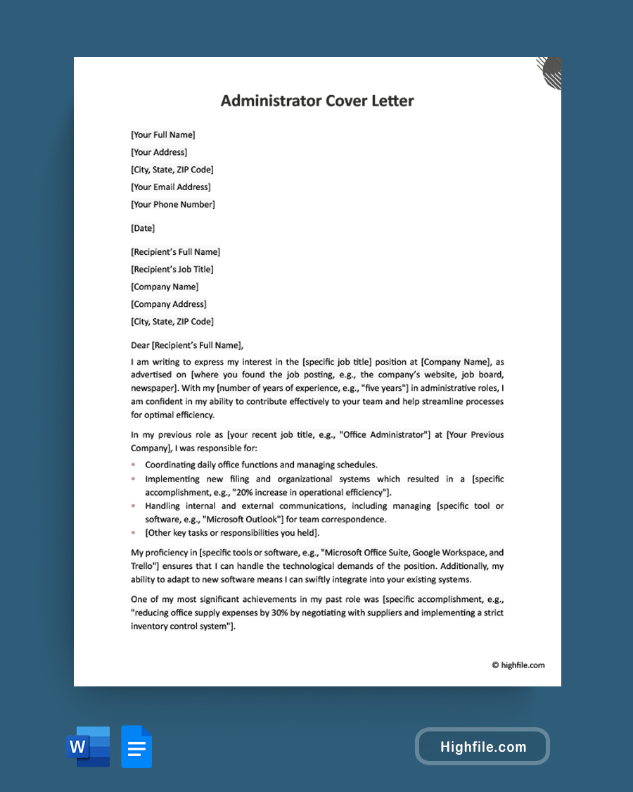 Administrator Cover Letter - Word, Google Docs