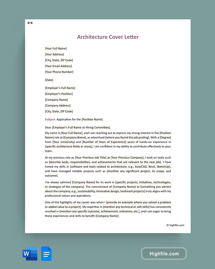 Architecture Cover Letter - Word, Google Docs