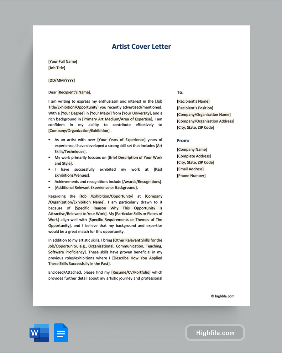 Artist Cover Letter - Word, Google Docs