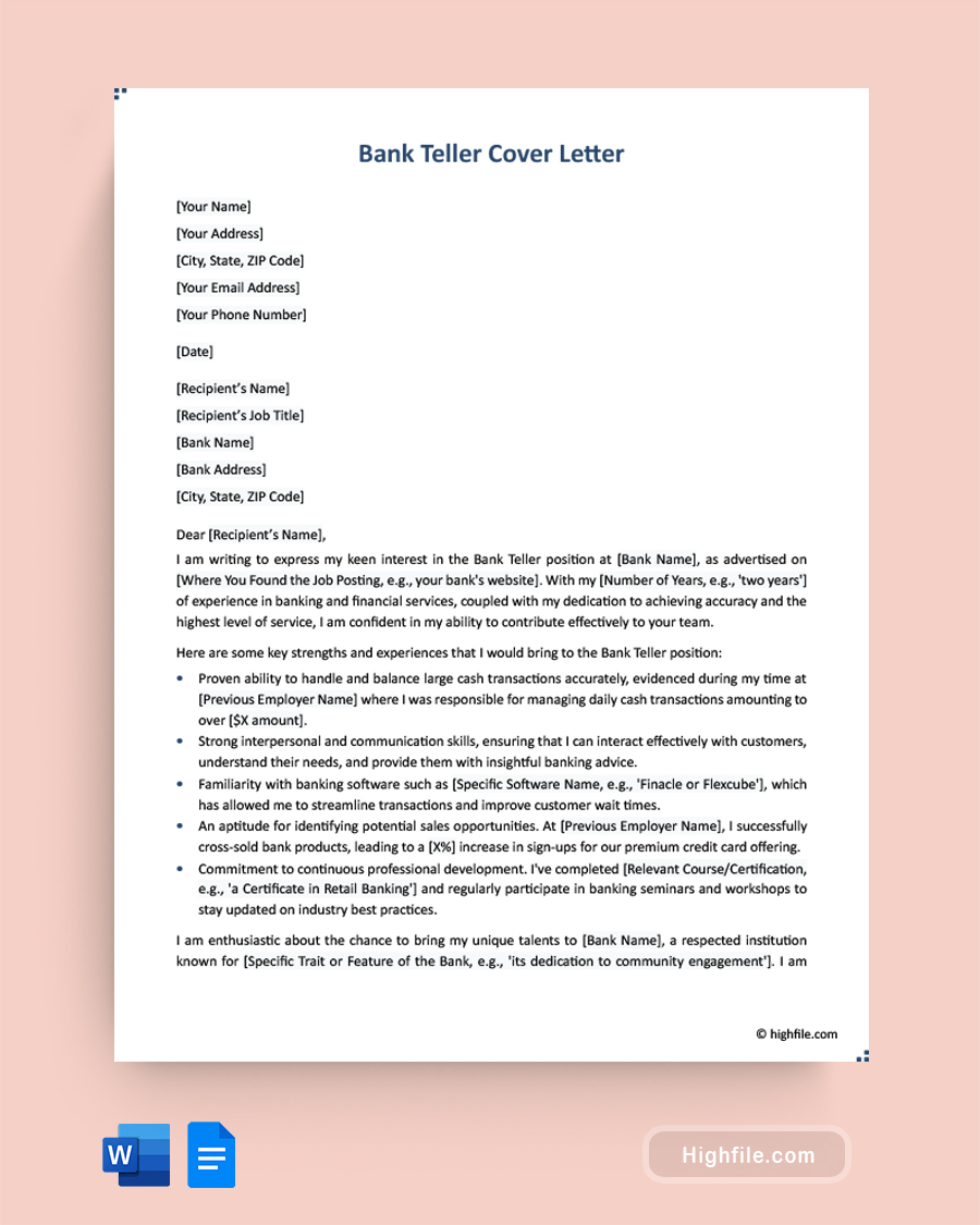 Bank Teller Cover Letter - Word, Google Docs