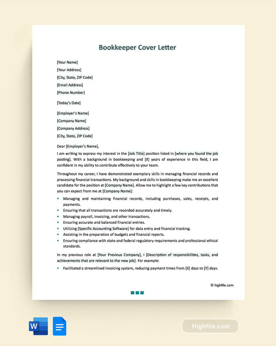 Bookkeeper Cover Letter - Word, Google Docs