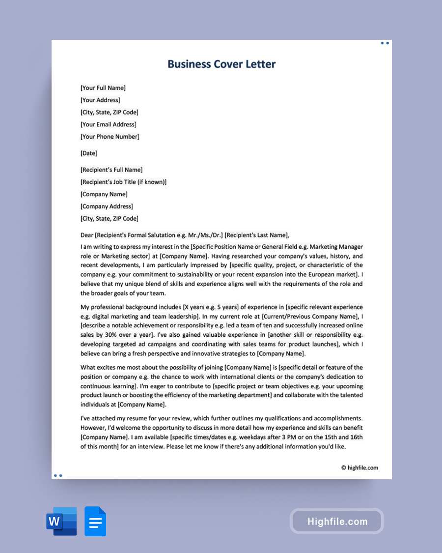 Business Cover Letter - Word, Google Docs