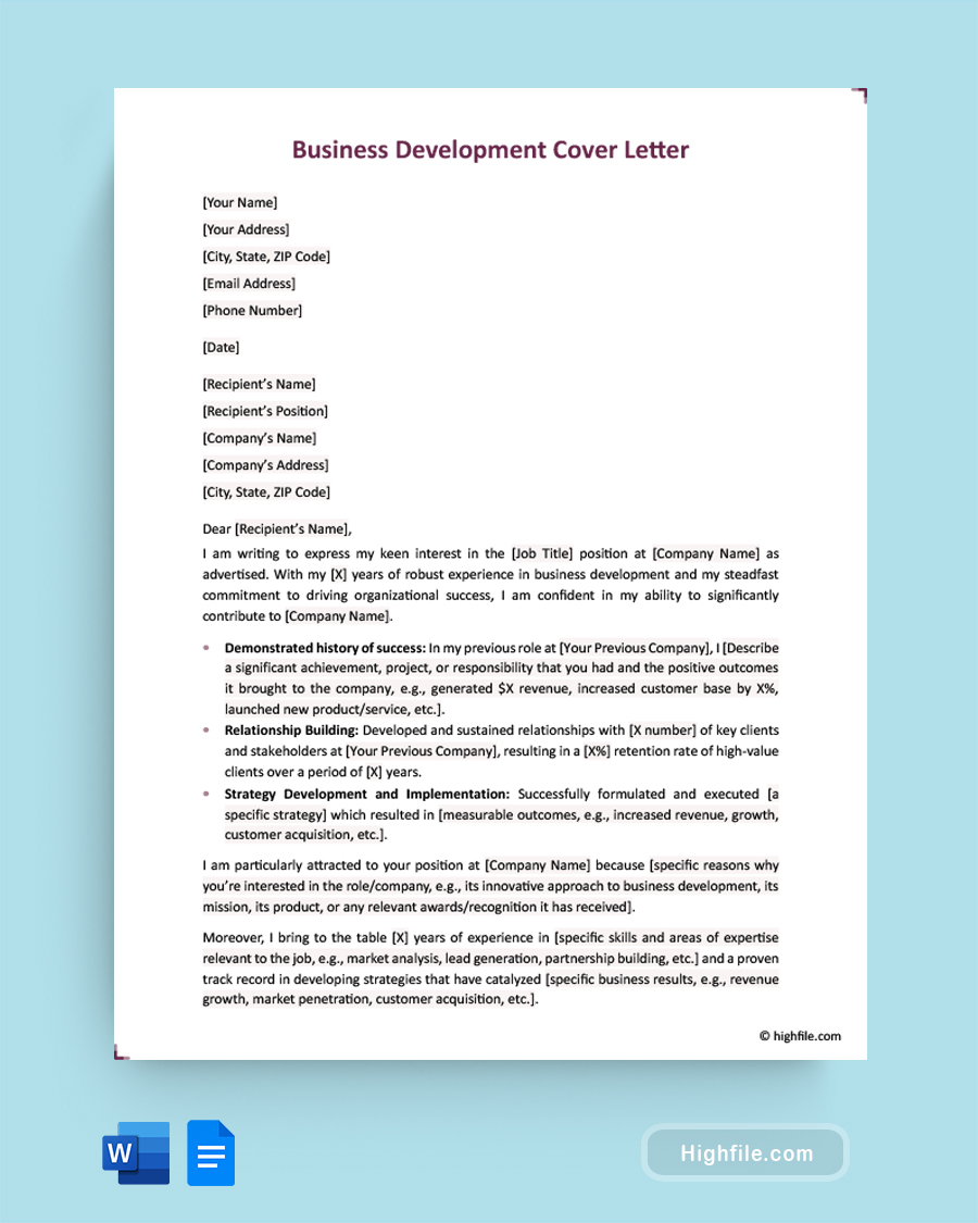 Business Development Cover Letter - Word, Google Docs