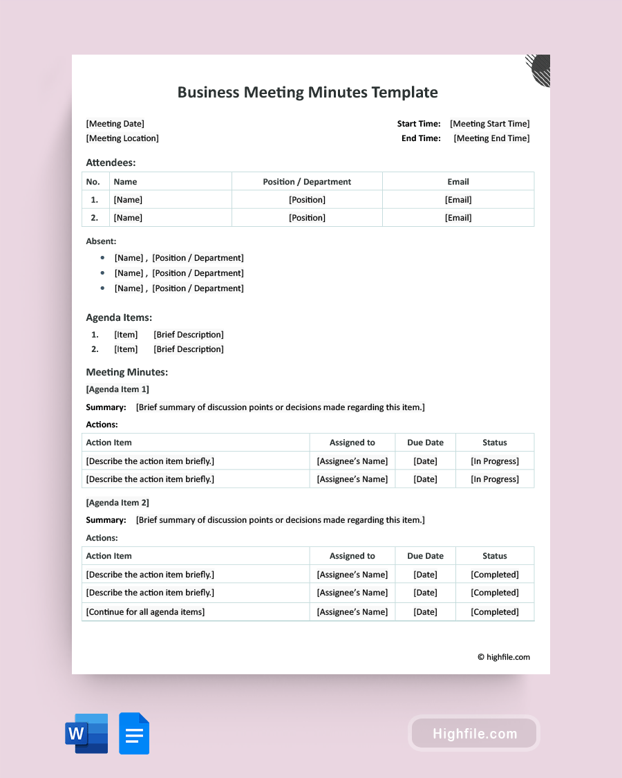 Business Meeting Minutes Template - Word, Google Docs