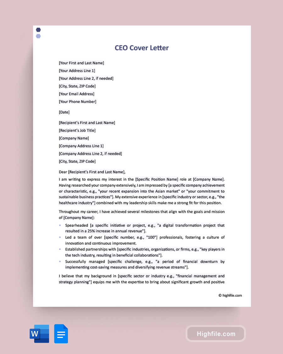 CEO Cover Letter - Word, Google Docs