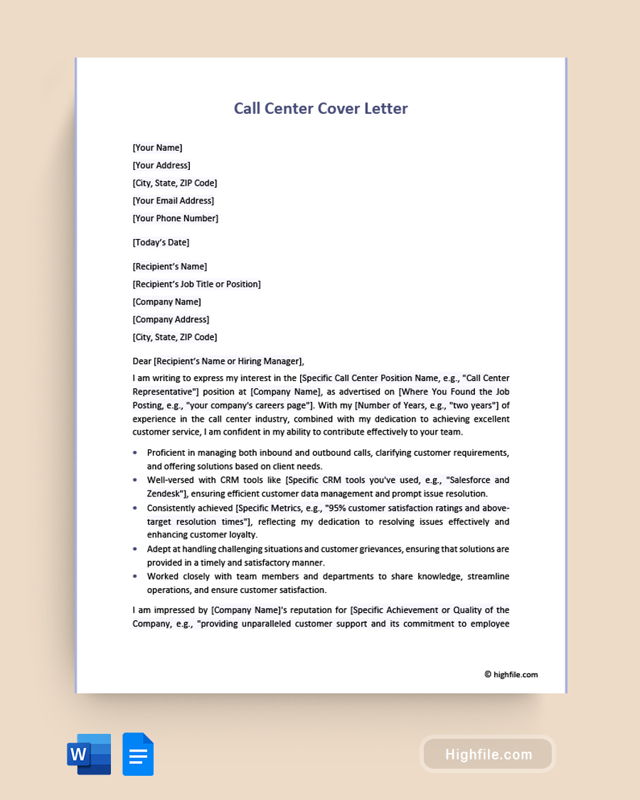 Call Center Cover Letter - Word, Google Docs