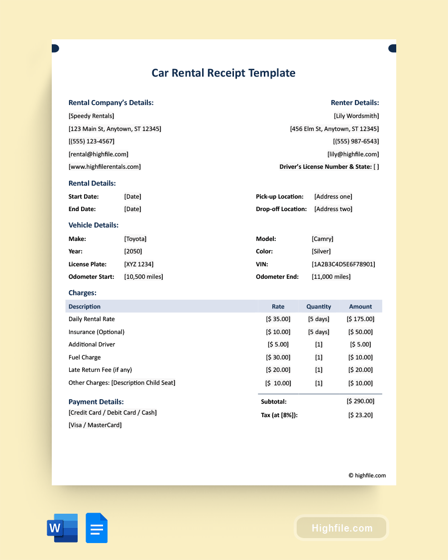 Car Rental Receipt Template - Word, Google Docs