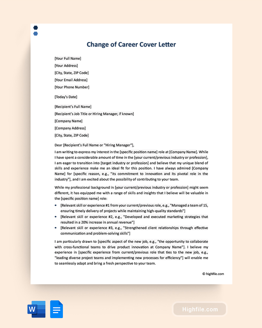 Change of Career Cover Letter - Word, Google Docs