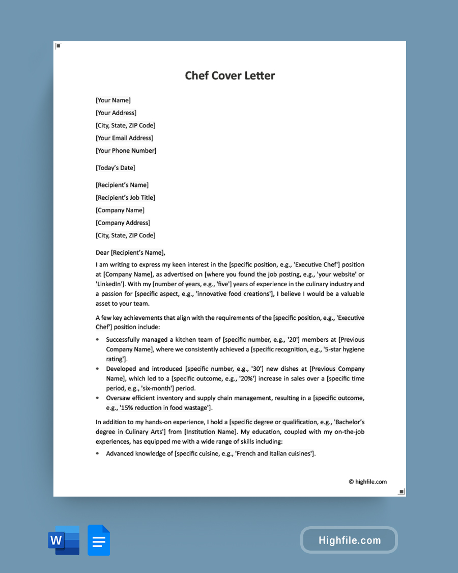 Chef Cover Letter - Word, Google Docs