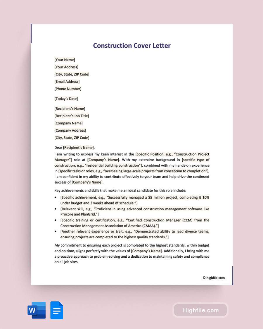 Construction Cover Letter - Word, Google Docs