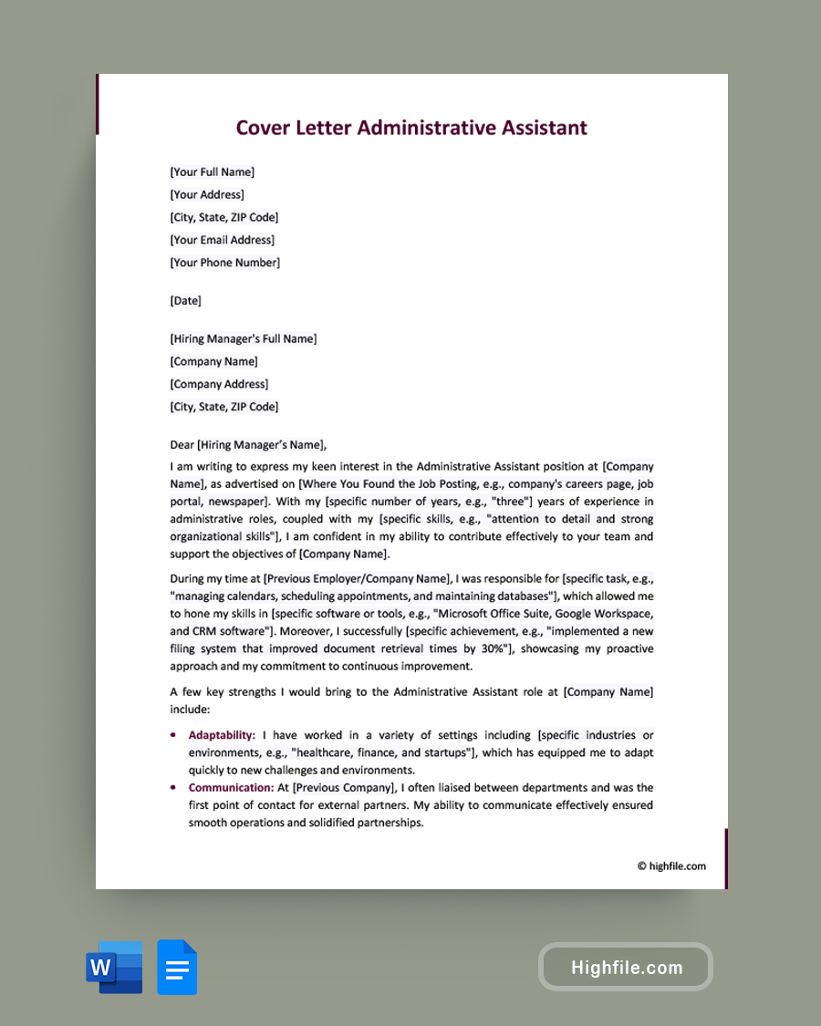 Cover Letter Administrative Assistant - Word, Google Docs