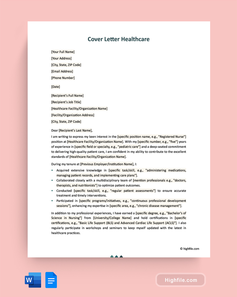 Cover Letter Healthcare - Word, Google Docs