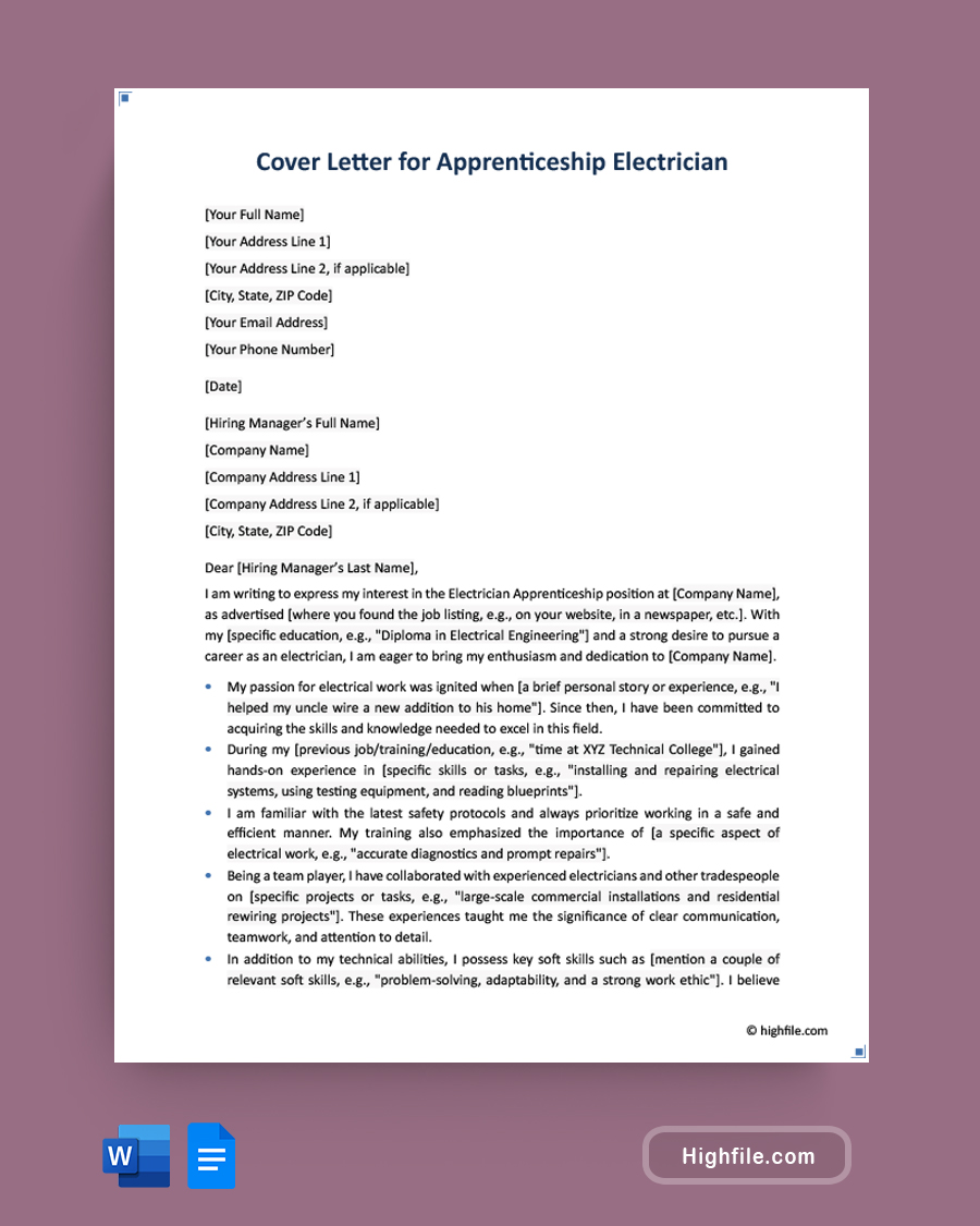 Cover Letter for Apprenticeship Electrician - Word, Google Docs
