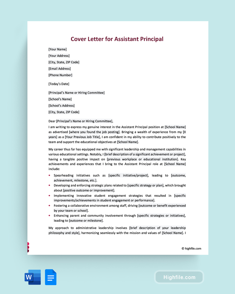 Cover Letter for Assistant Principal - Word, Google Docs