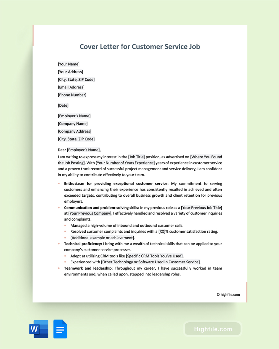 Cover Letter for Customer Service Job - Word, Google Docs