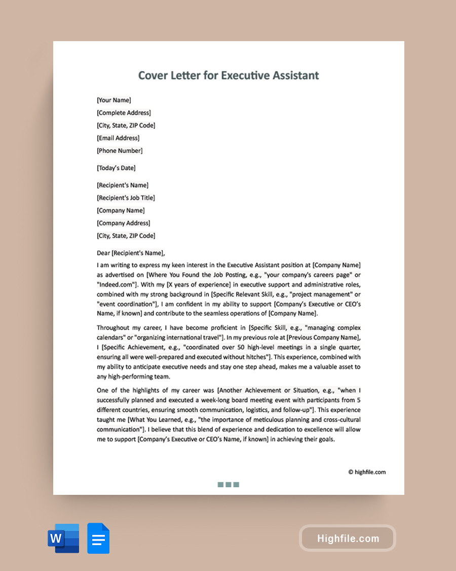 Cover Letter for Executive Assistant - Word, Google Docs