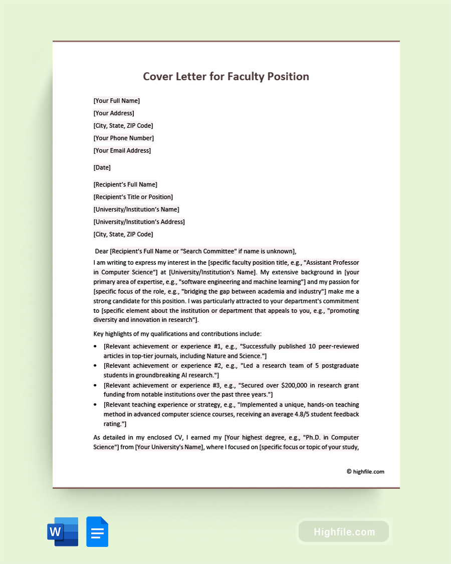 Cover Letter for Faculty Position - Word, Google Docs
