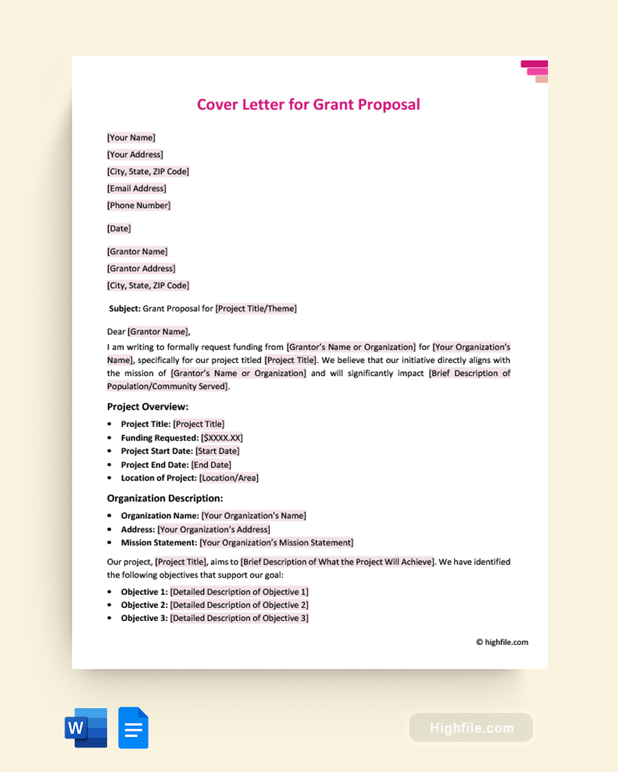 Cover Letter for Grant Proposal - Word, Google Docs
