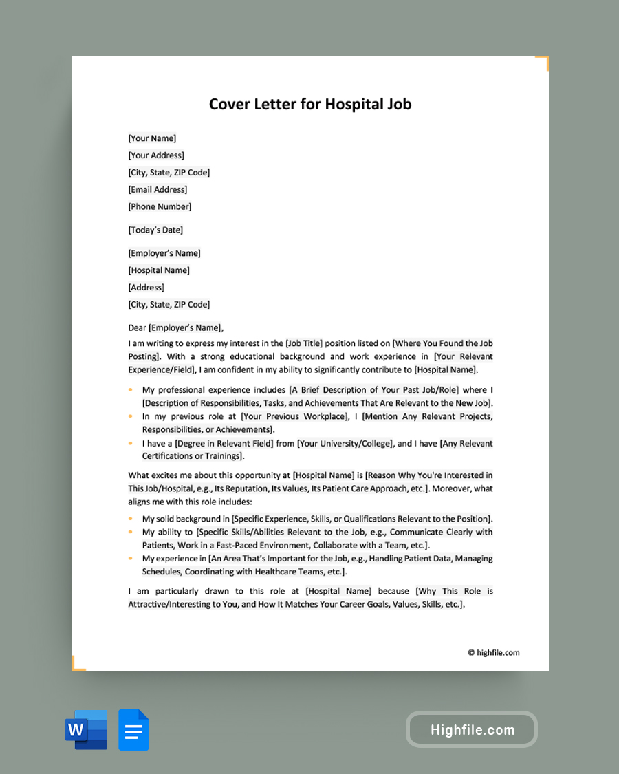 Cover Letter for Hospital Job - Word, Google Docs