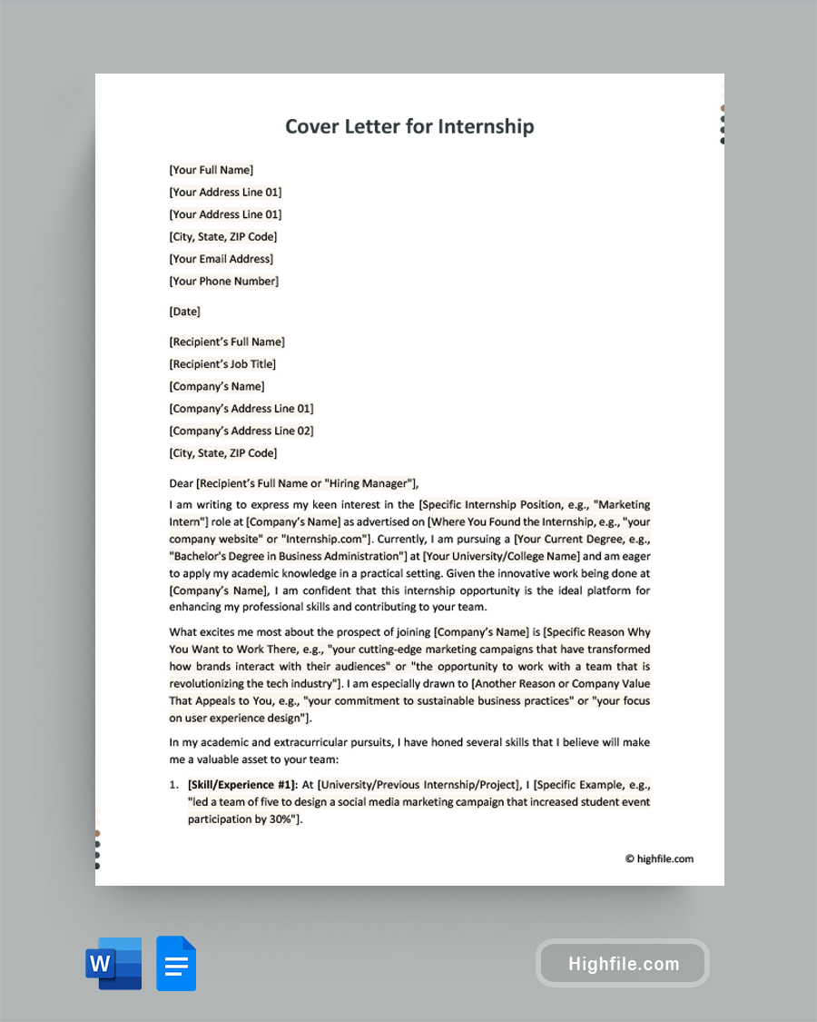 Cover Letter for Internship - Word, Google Docs
