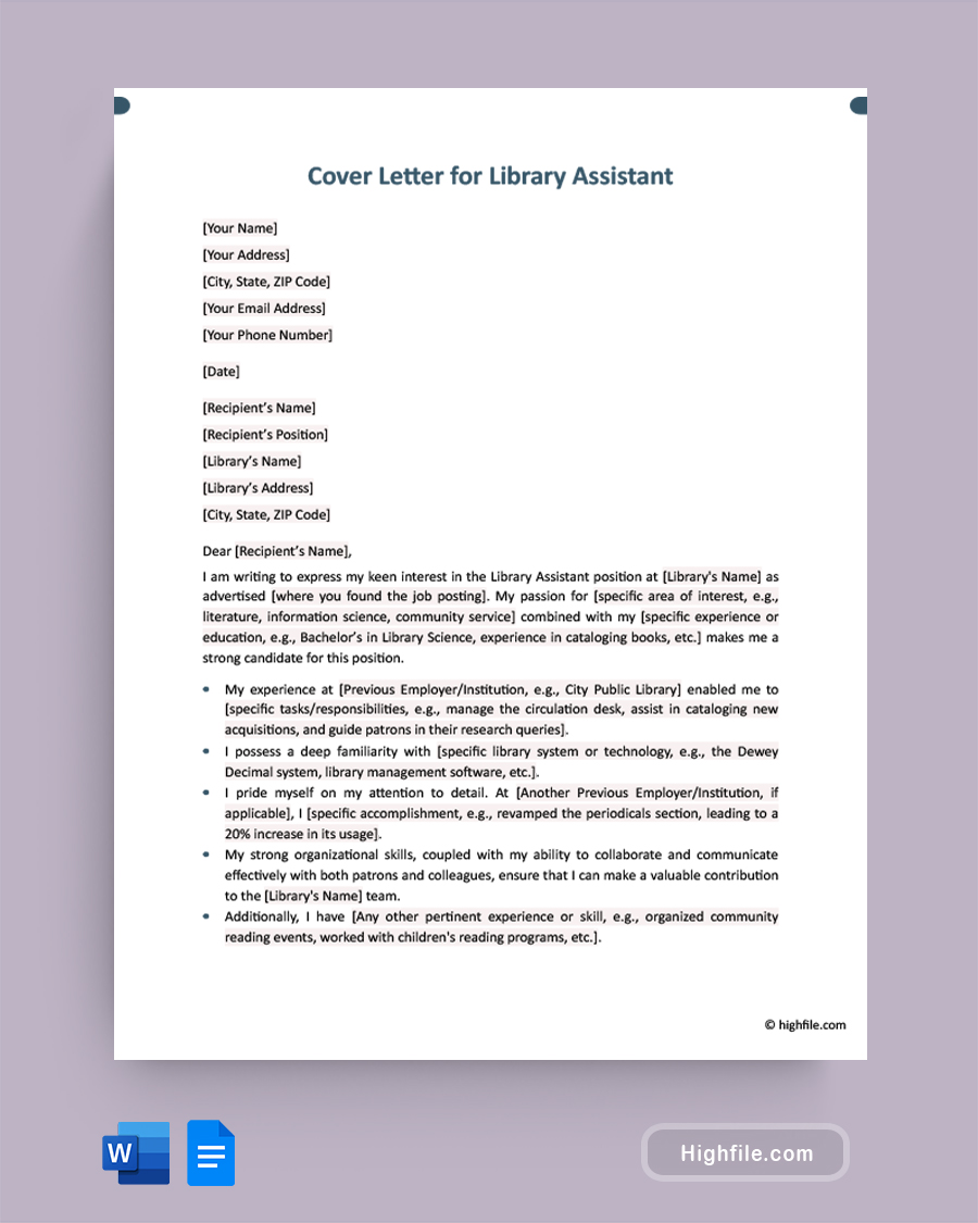 Cover Letter for Library Assistant Word Google Docs Highfile