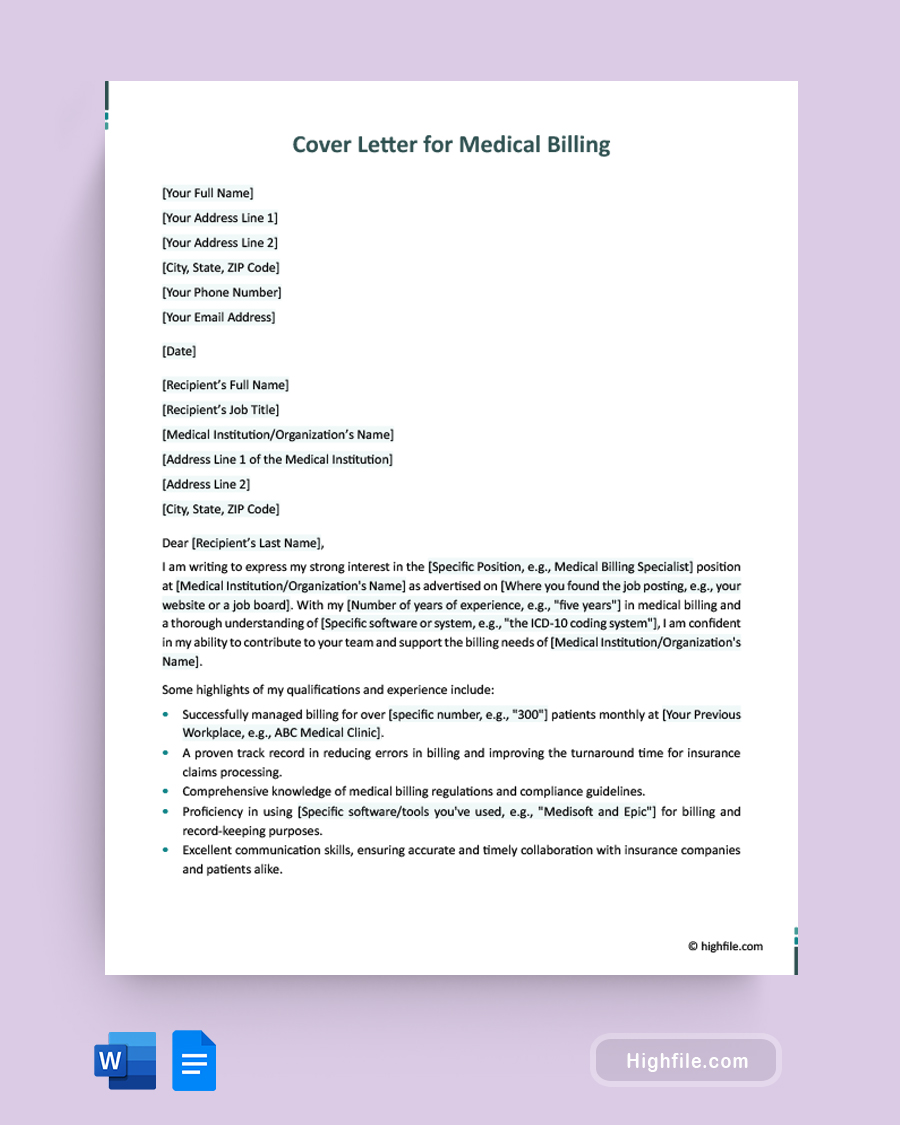 Cover Letter for Medical Billing - Word, Google Docs