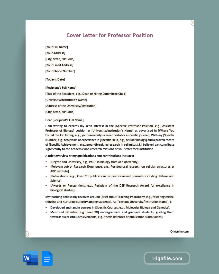 Cover Letter for Professor Position - Word, Google Docs