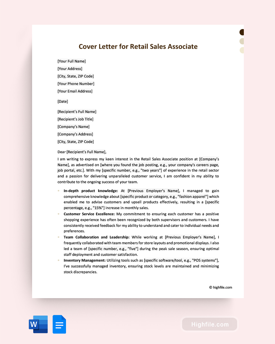 Cover Letter for Retail Sales Associate - Word, Google Docs