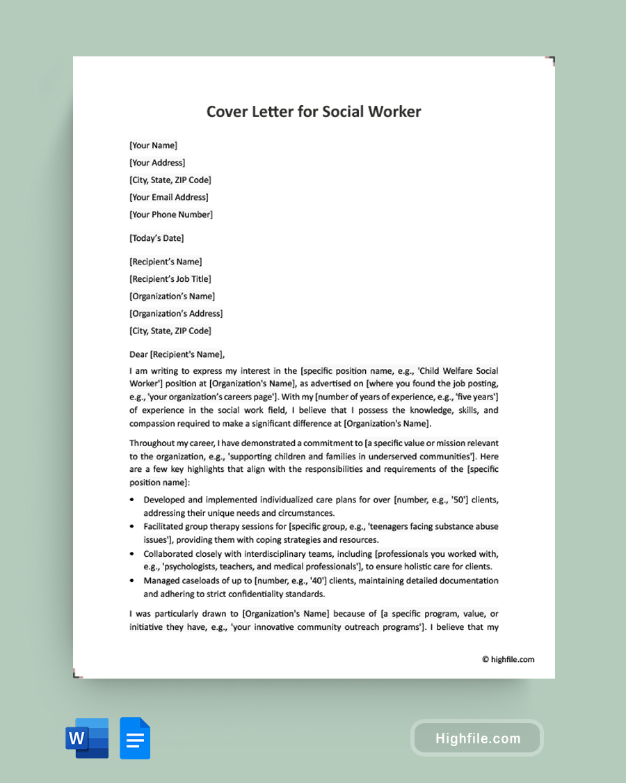 Cover Letter for Social Worker Word Google Docs Highfile