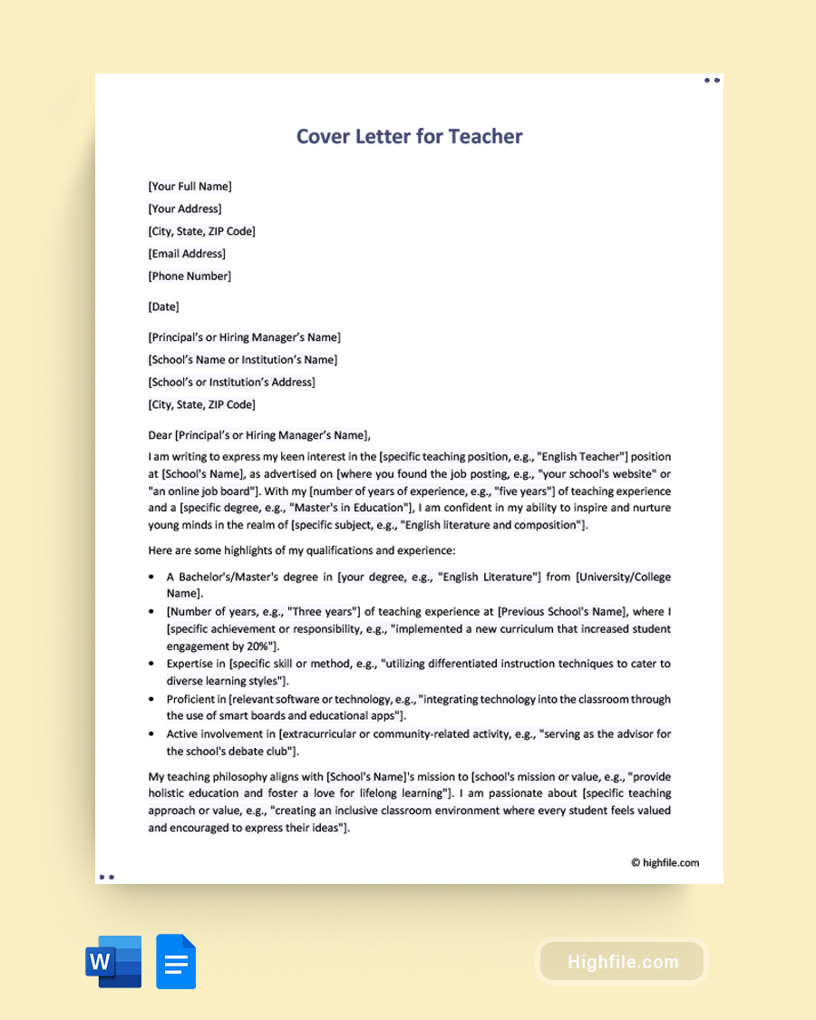 Cover Letter for Teacher - Word, Google Docs