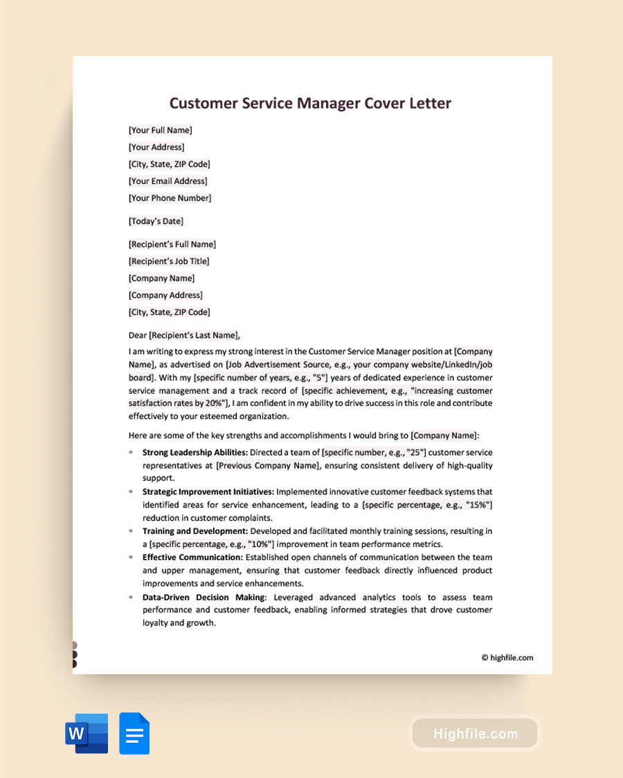 Customer Service Manager Cover Letter - Word, Google Docs