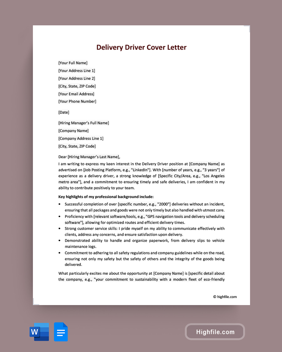 Delivery Driver Cover Letter - Word, Google Docs